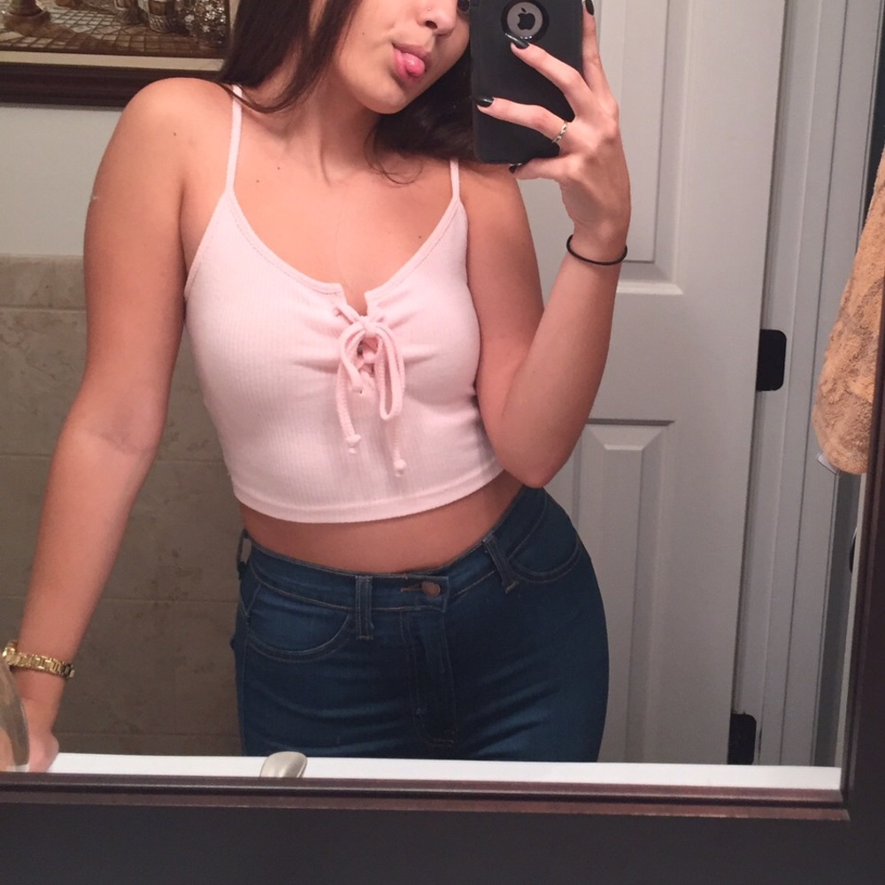 cropped baby pink forever 21 lace up top XS